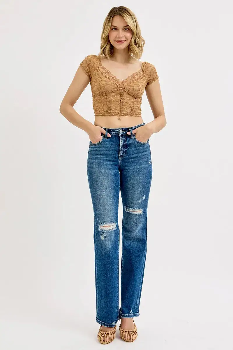 Tummy Control High Rise Straight Distressed Denim Jeans
