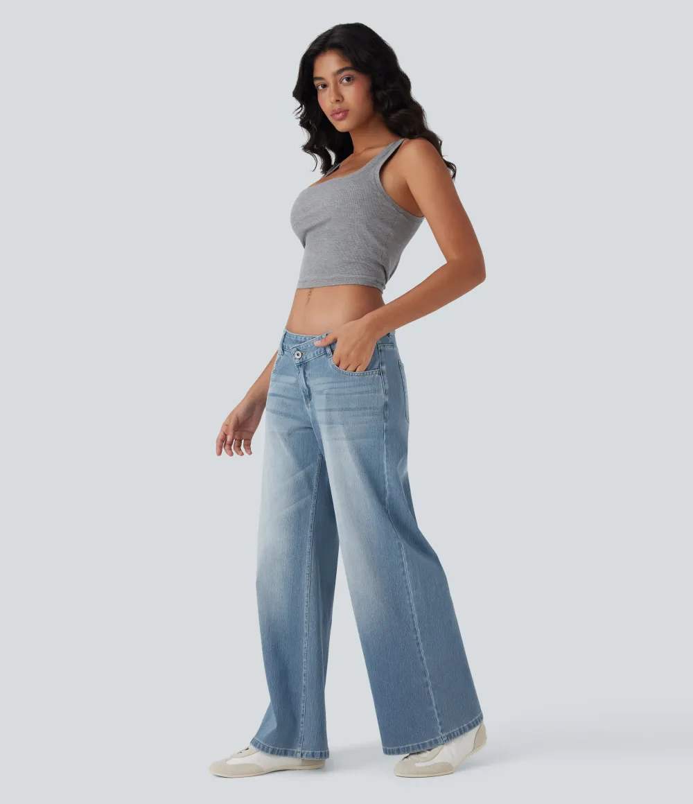 Asymmetric Low Rise Zipper Pockets Baggy Wide Leg Washed Casual Jeans