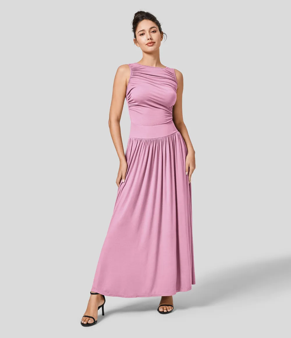 Ribbed Boat Neck Ruched Side Pocket Flowy Maxi Casual Dress