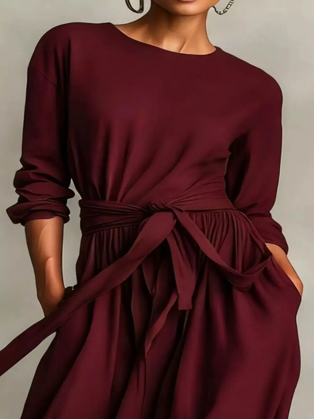 Relaxed Shape Tie Waist Long Sleeve Maxi Dress
