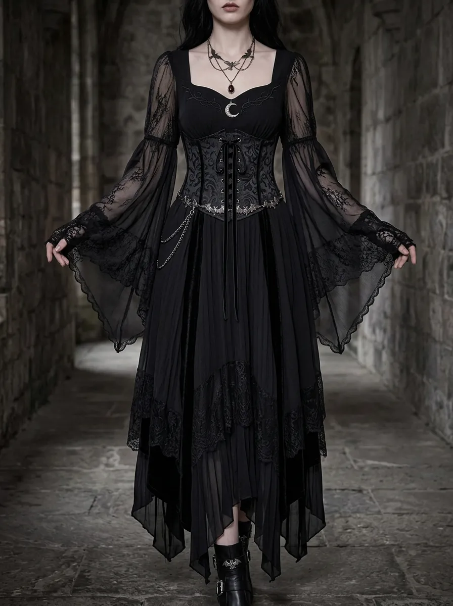 Victorian-Inspired Bat Moon Corset Dark Look Women's Gothic Dress