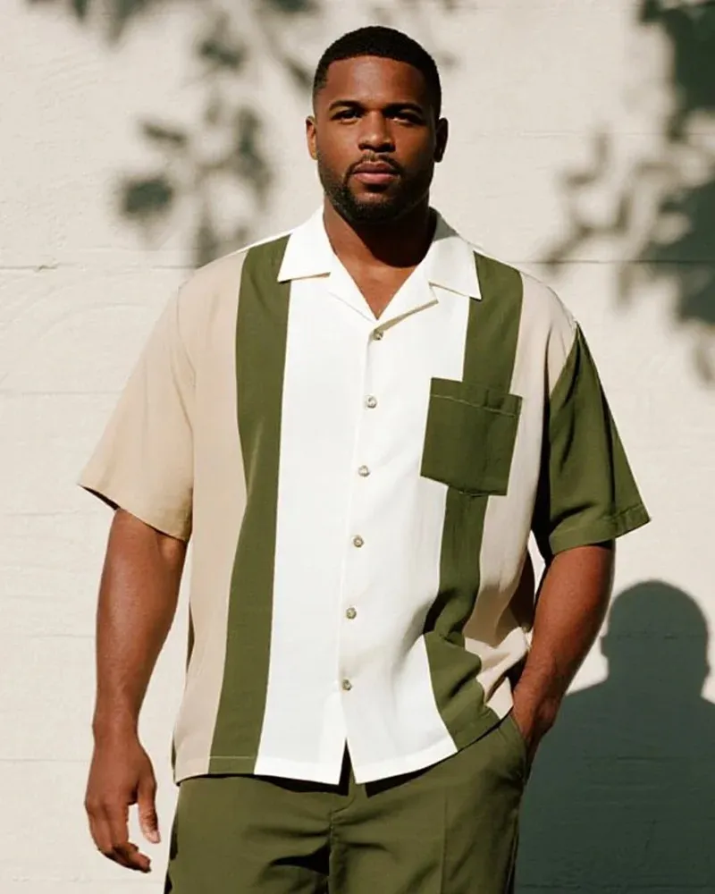 Big & Tall Men's Business Colorblock Striped Print Short Sleeve Shirt and Pants Suit