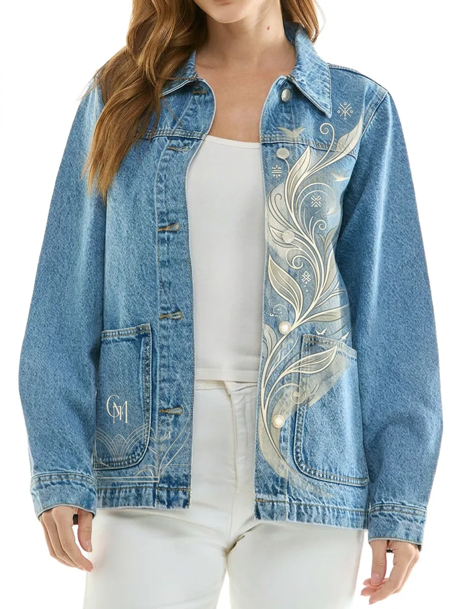 Women's Boho Floral Swirl Pattern Printed Denim Jacket