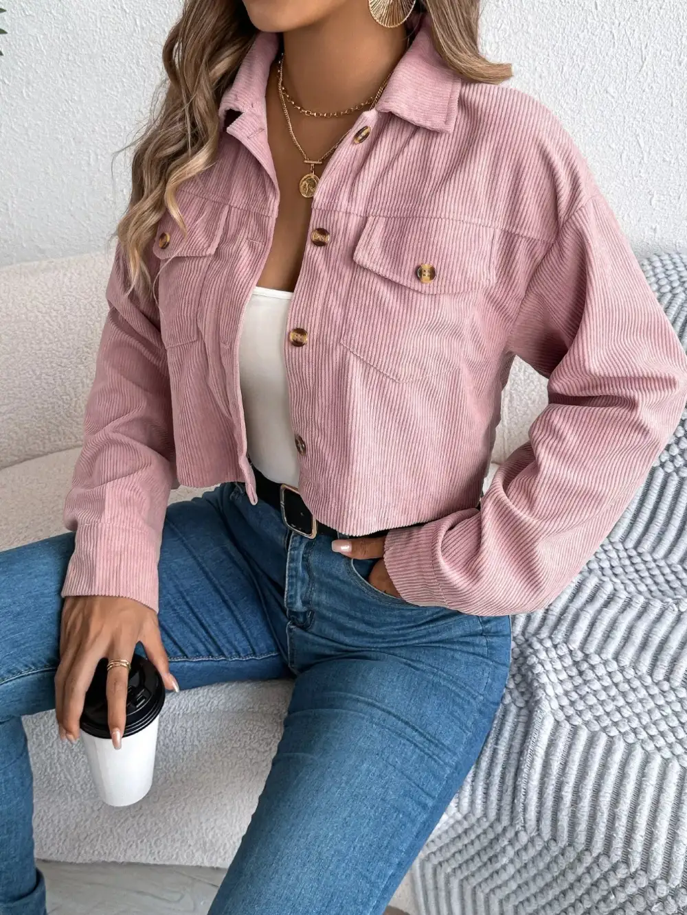 Corduroy Button-up Dropped Shoulder Jacket