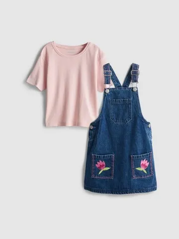 1-9yrs | Pure Cotton T-Shirt and Floral Embroidered Denim Pinafore Dress Set