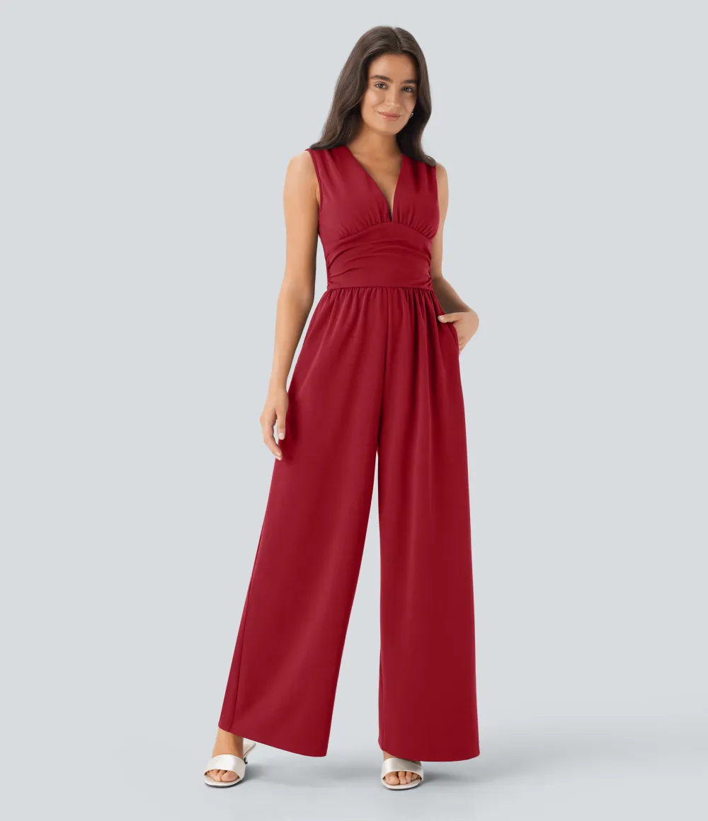 SculptKnit V Neck Sleeveless Ruched Pocket Jumpsuit-Easy Peezy