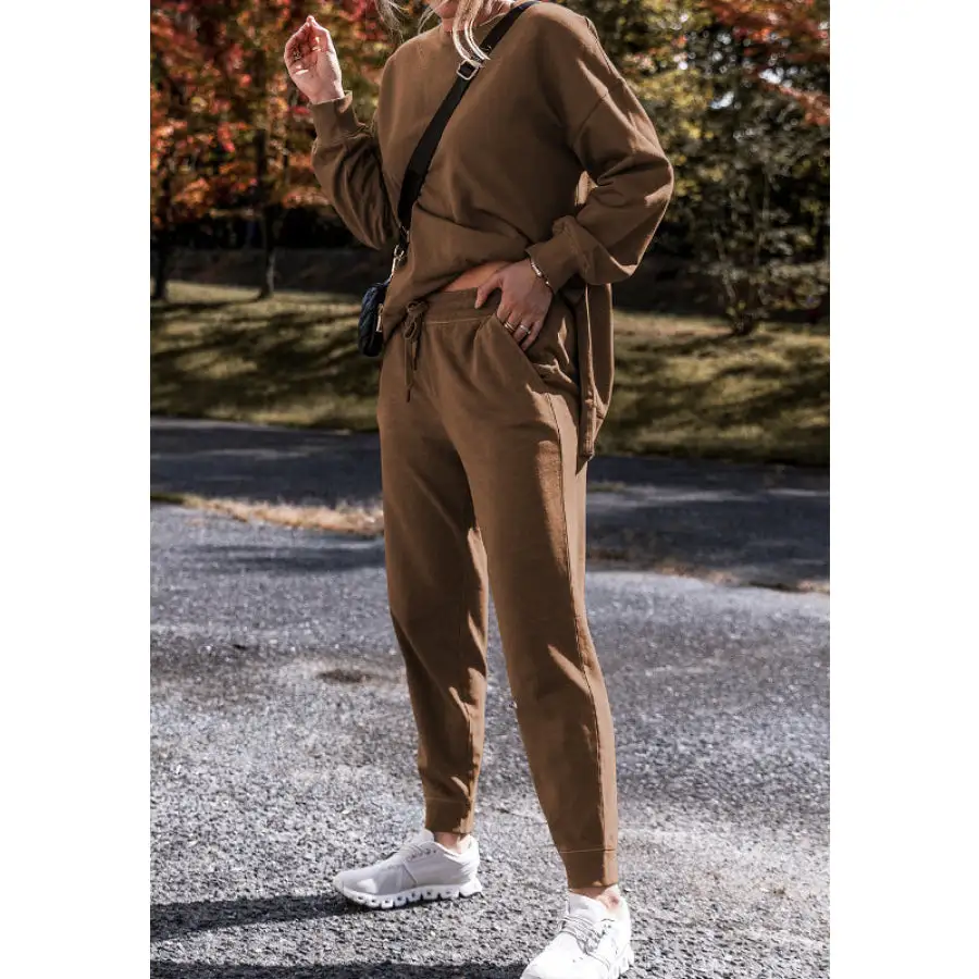 Side Slit Round Neck Long Sleeve Top and Pants Set