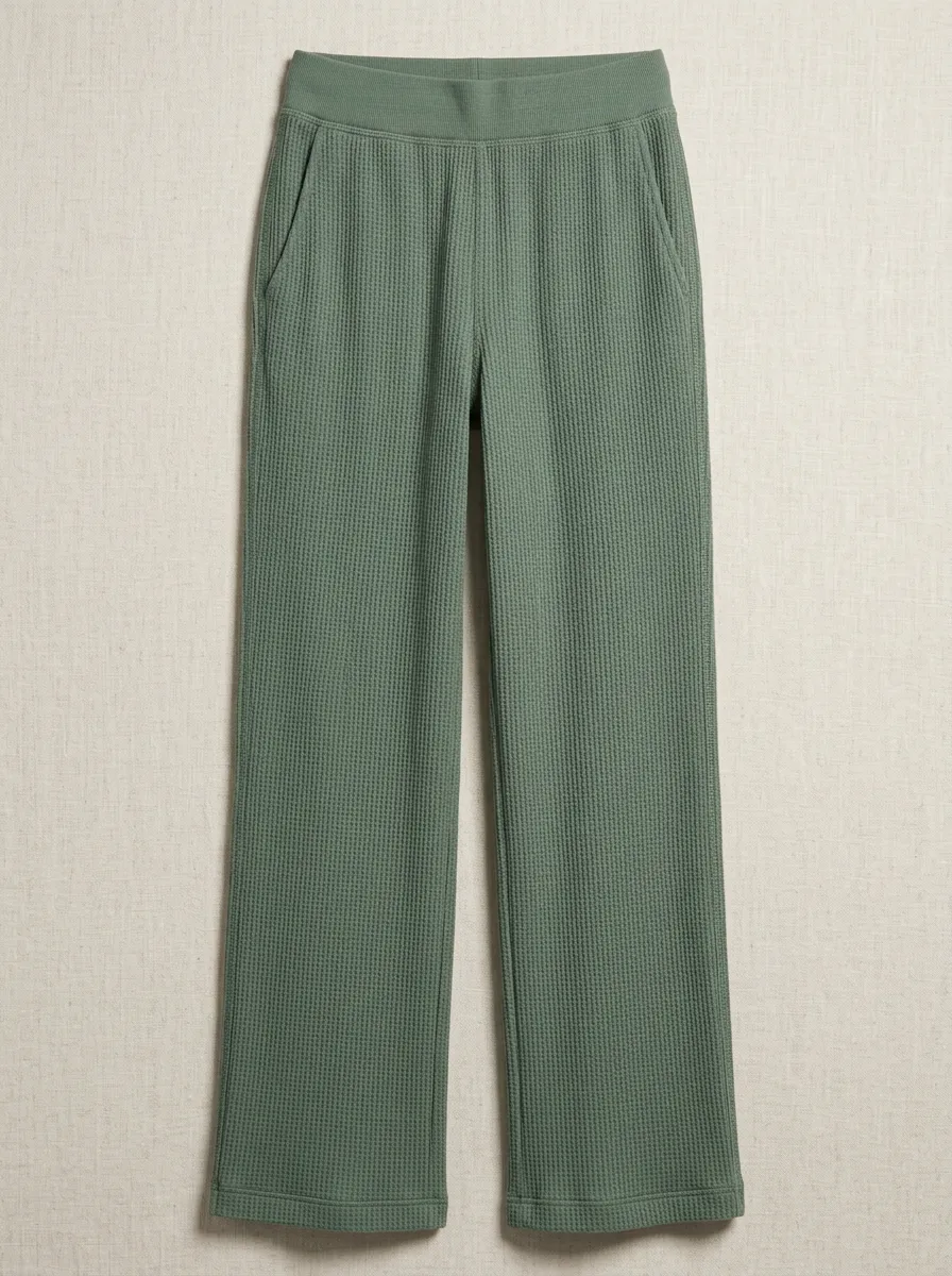 Women's Casual Sage Green Waffle Knit Wide Leg Pants