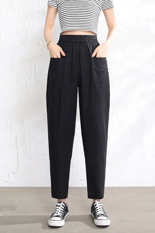 Linen Straight Leg Elastic Waist Pocketed Trousers