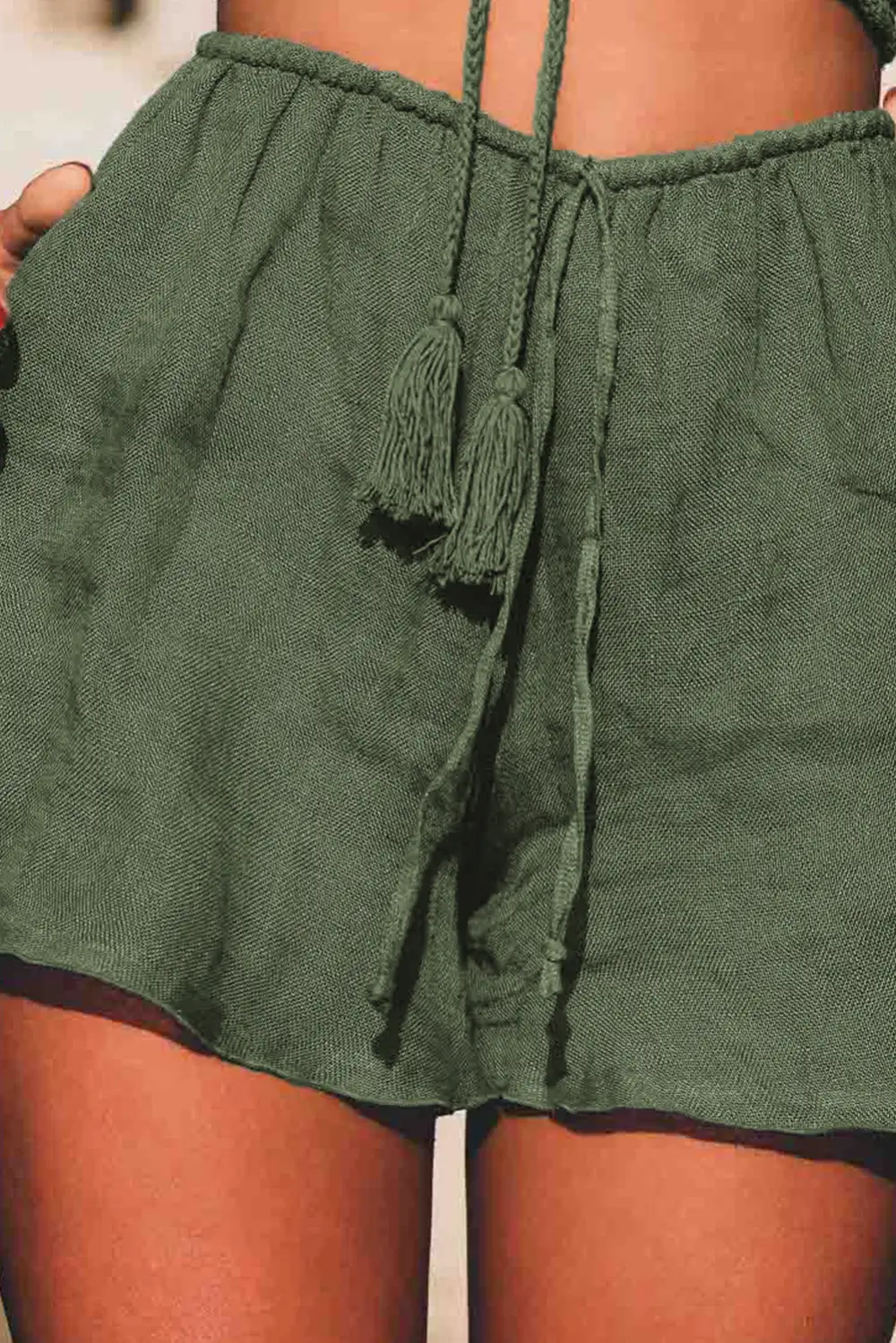 Classic Linen Blend Elastic Waist Drawstring Casual Shorts