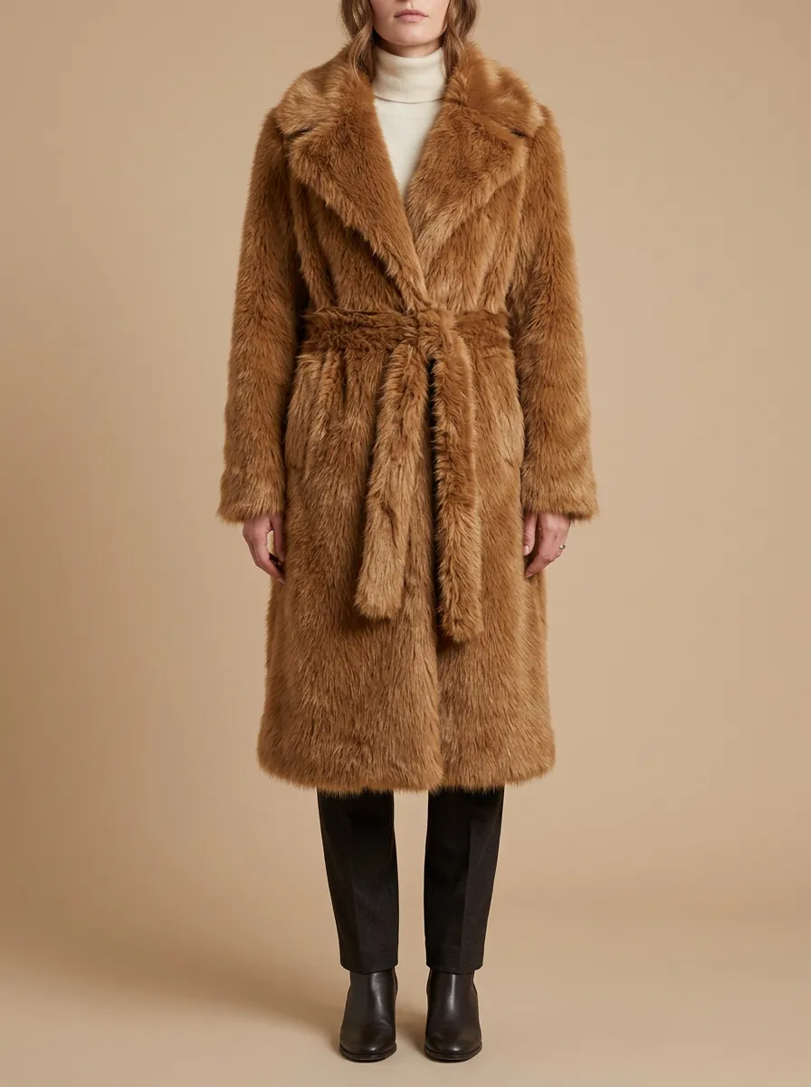 Toned Solid Faux Fur Belted Coat