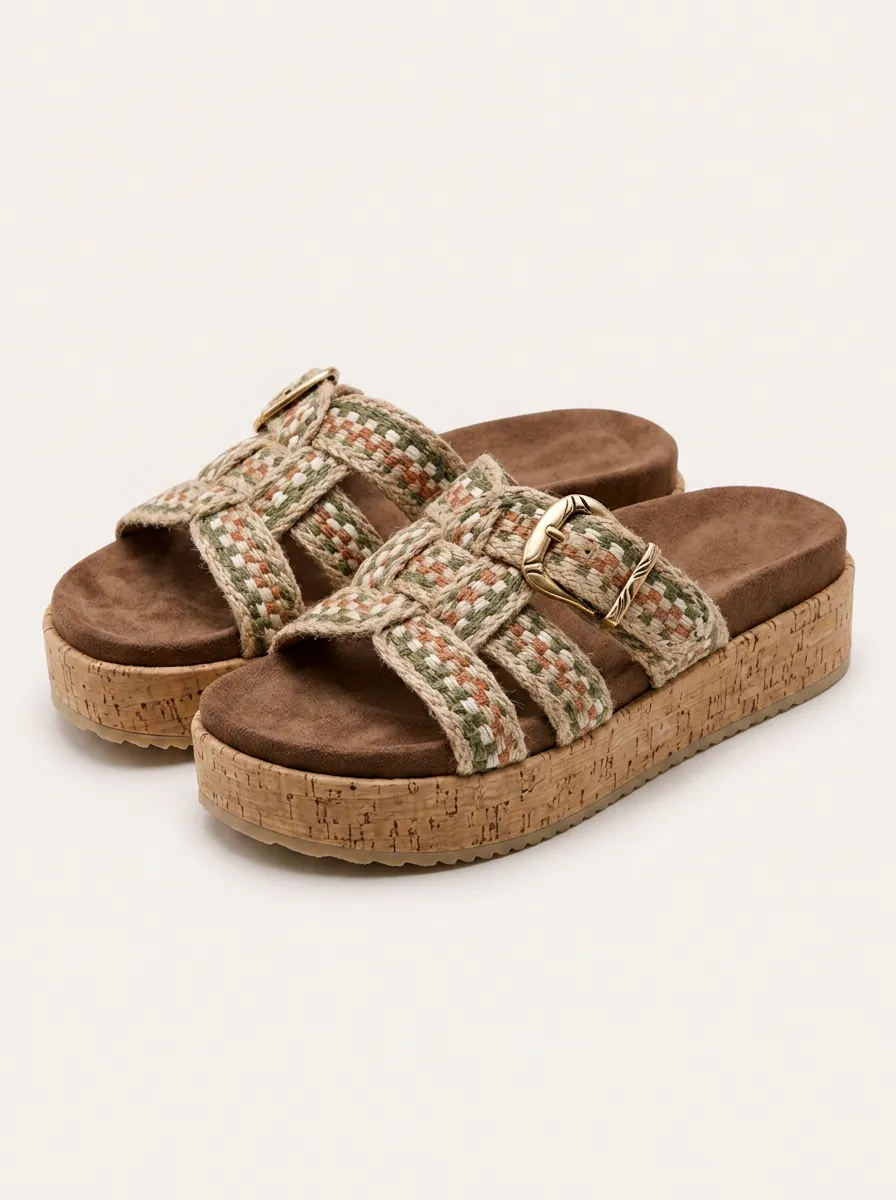 Women's Boho Woven Pattern Cork Platform Buckle Sandals