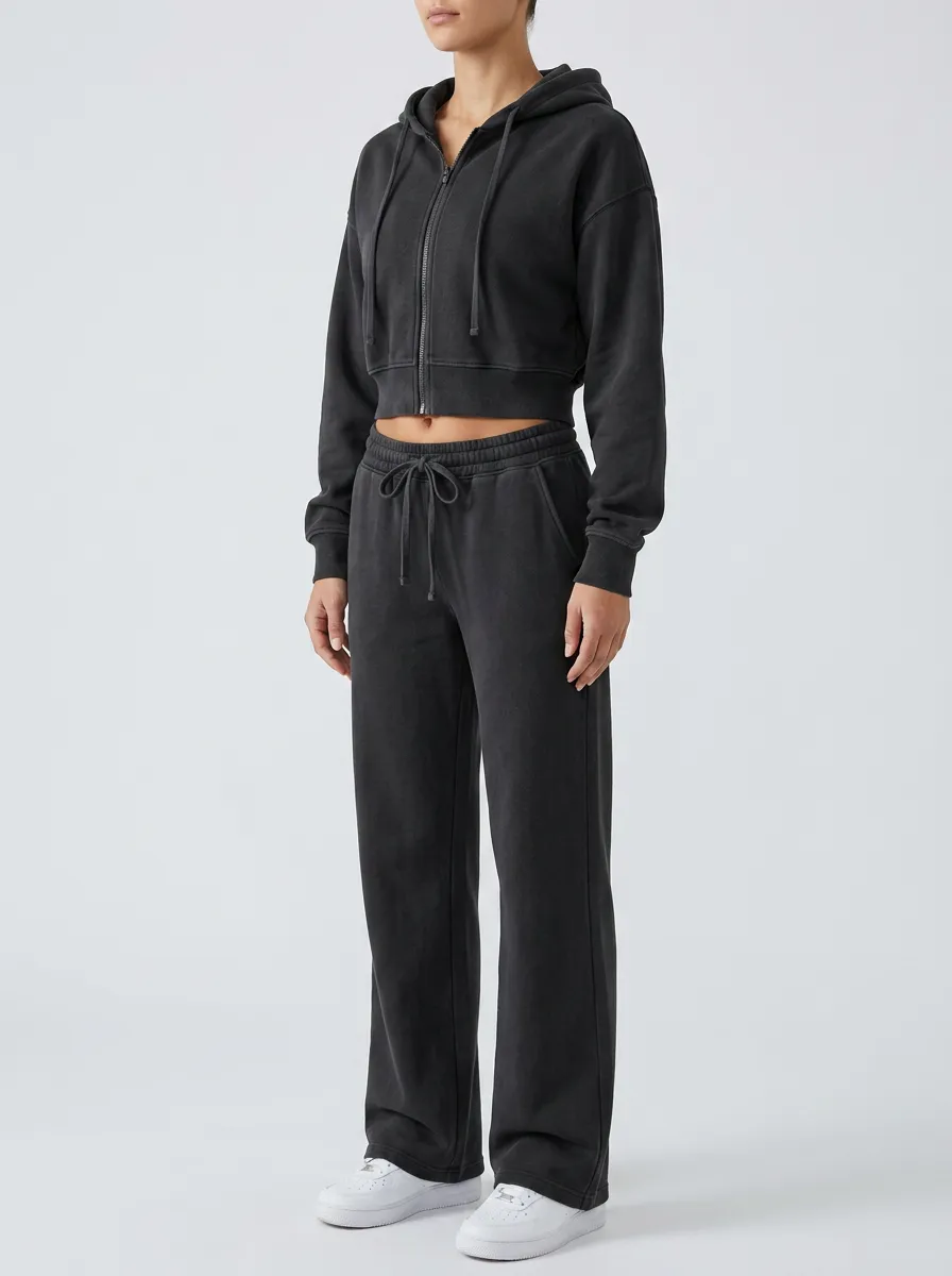 Women's Classic Washed Sport Inspired Cropped Hooded Jacket and Flare Pants Active Set