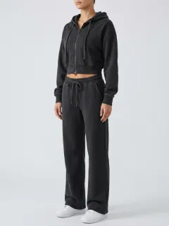 Women's Classic Washed Sport Inspired Cropped Hooded Jacket and Flare Pants Active Set