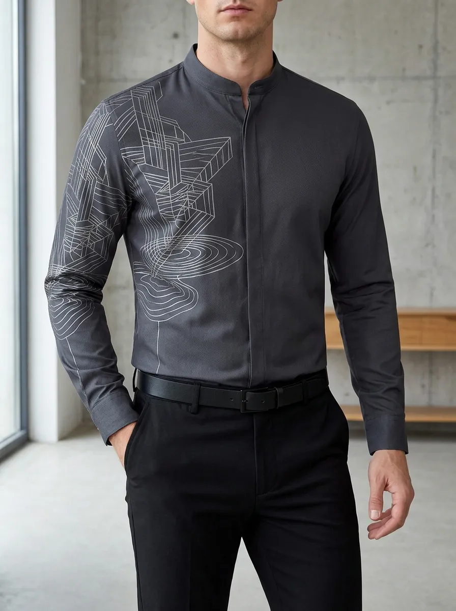 Men's Minimal Abstract Geometric Long Sleeve Mandarin Collar Slim Fit Shirt