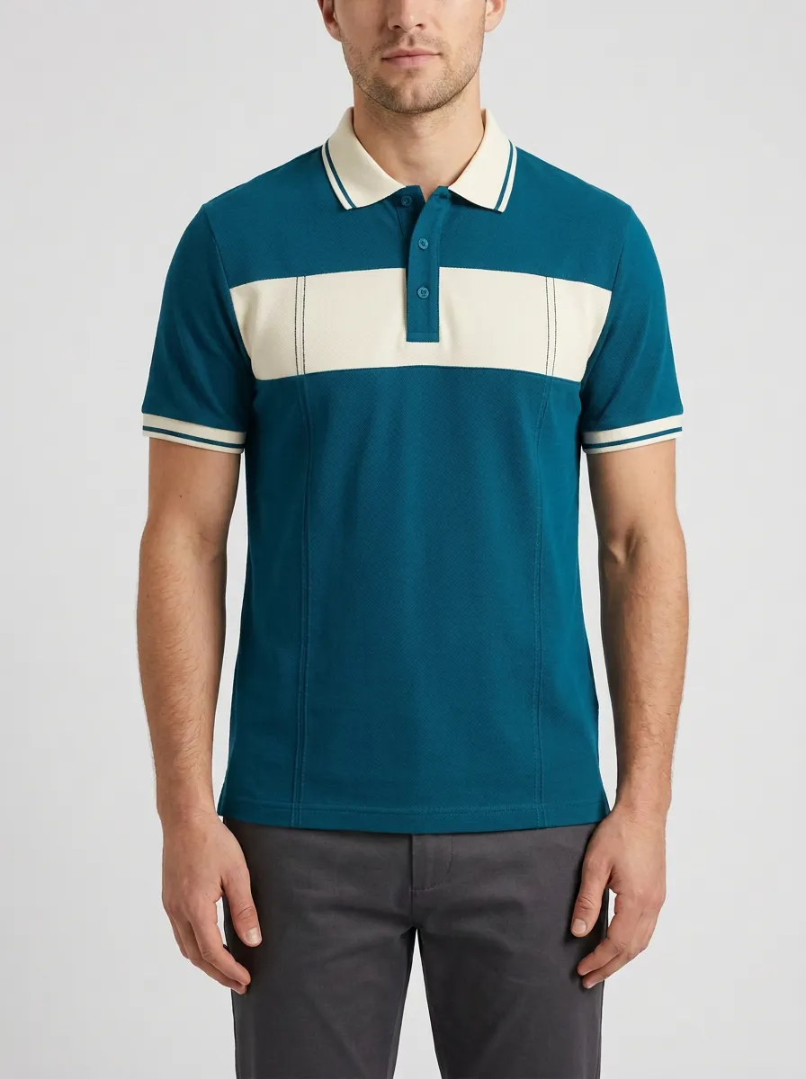 Men's Casual Navy White Colorblock Contrast Panel Polo Shirt