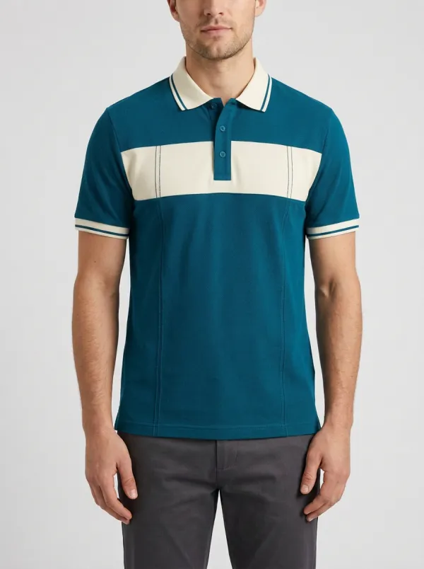 Men's Casual Navy White Colorblock Contrast Panel Polo Shirt