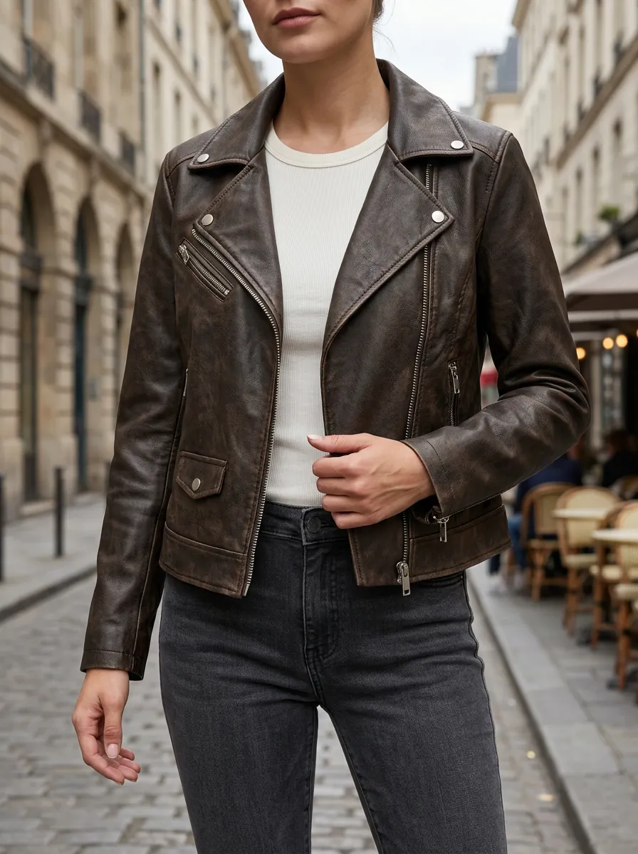 Women's Vintage Brown Faux Leather Biker Jacket with a Chest Pocket