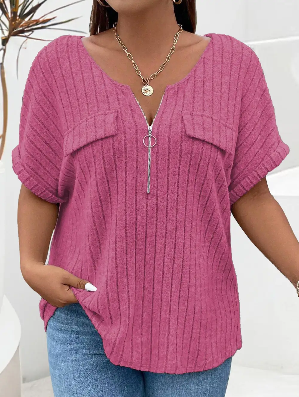 Ribbed V-Neck Knit Top
