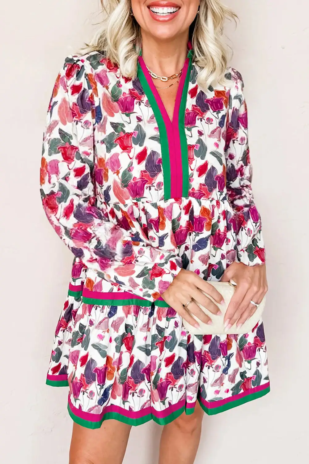 Contrast Detail Long Sleeve Mini Dress