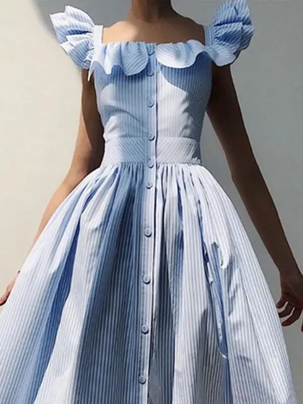 Trim Pleated Buttoned Neck Maxi Dress