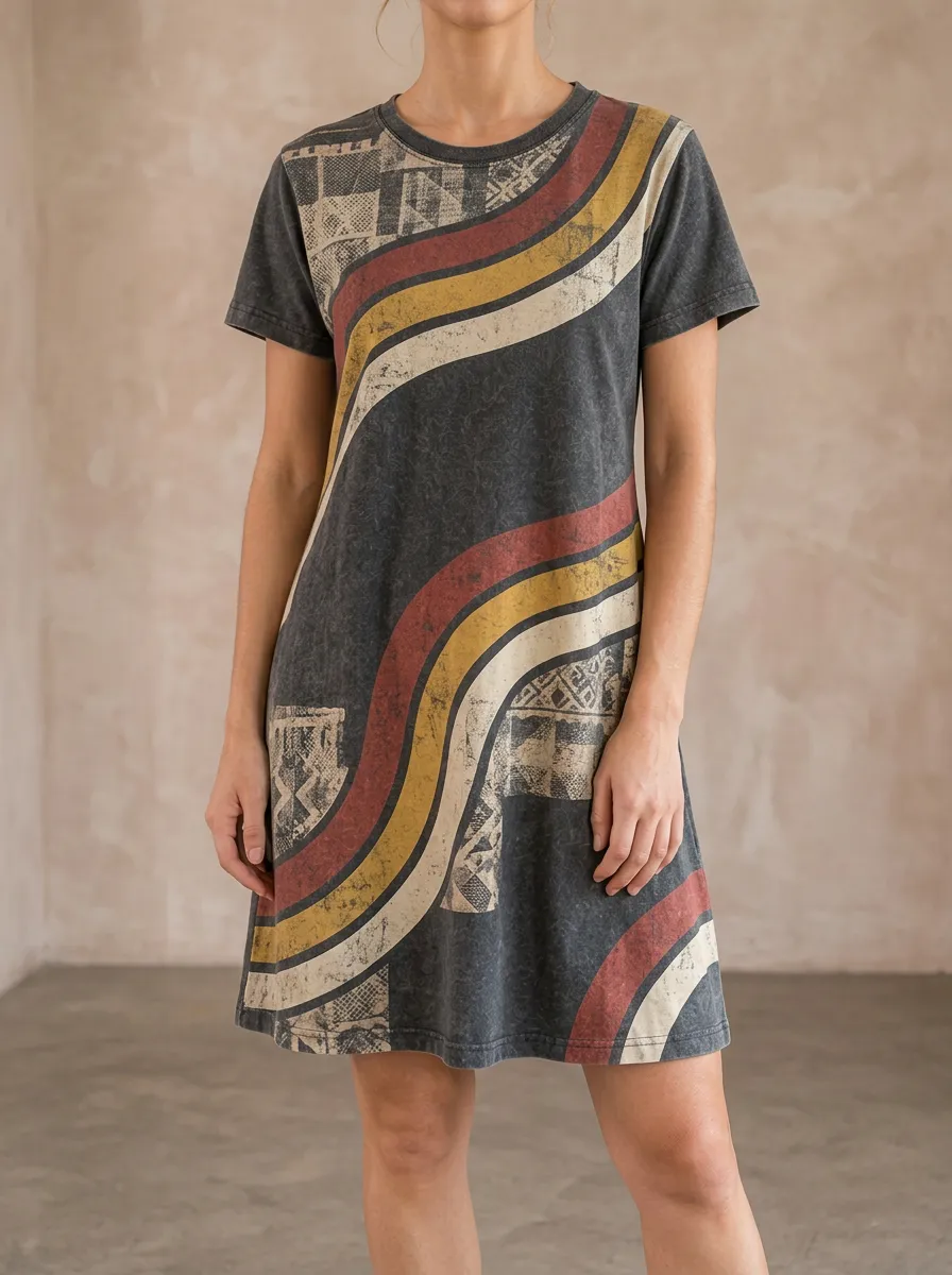 Women's Vintage Retro Wave Geometric Printed Dress