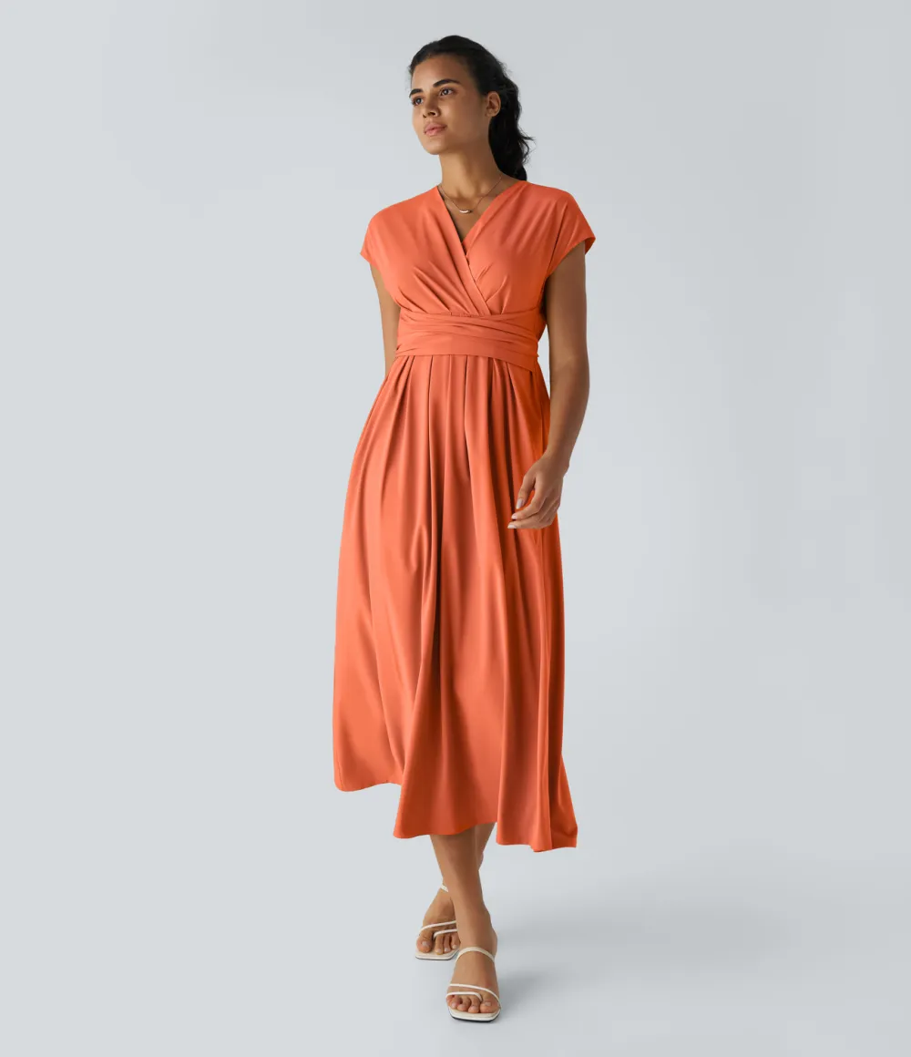 Breezeful V Neck Short Sleeve Side Pocket Tie Back Quick Dry Midi Casual Dress