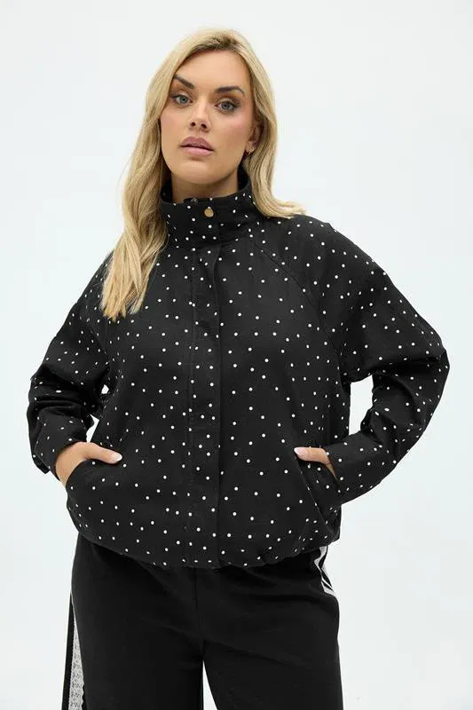 Black Polka Dot Funnel Neck Bomber Jacket