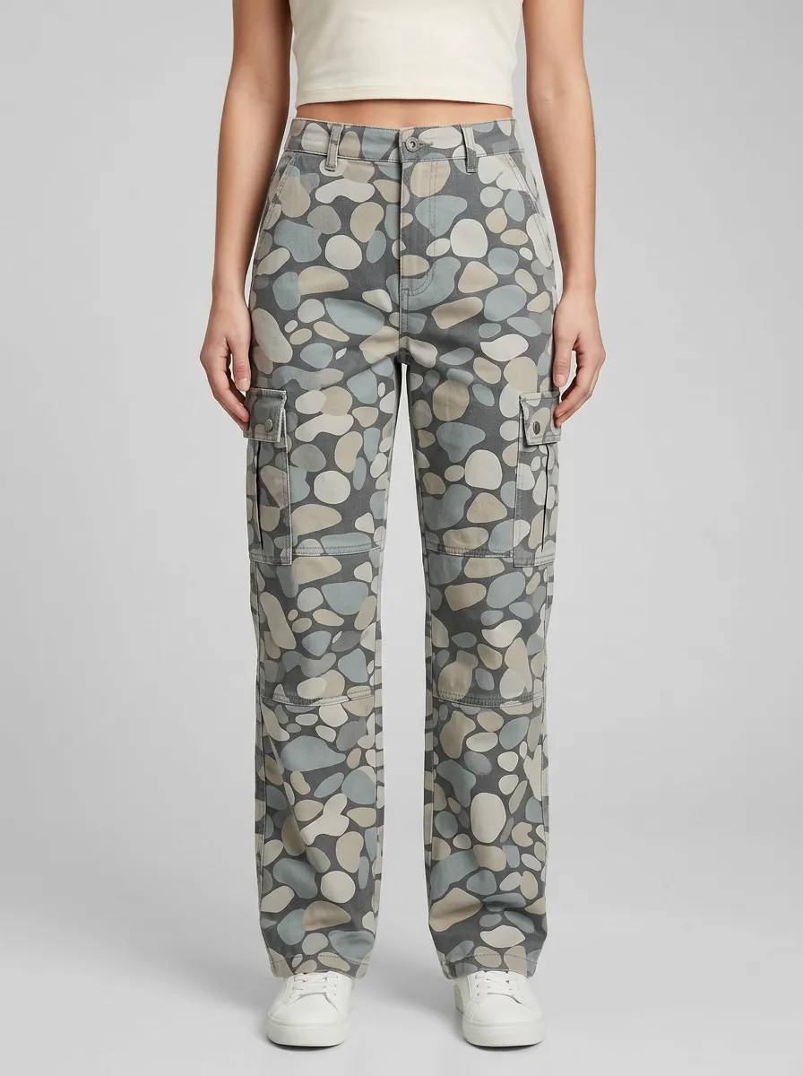 Women's Pebble Camo High-Rise Snap-Flap Pocket Straight-Leg Cargo Pants