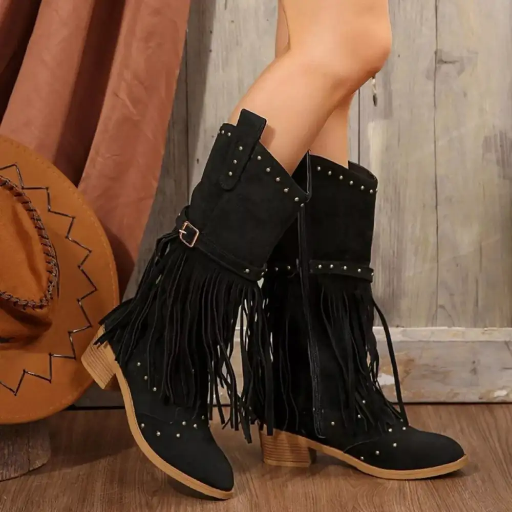 Casual Fringe Point Toe Block Heels Boots