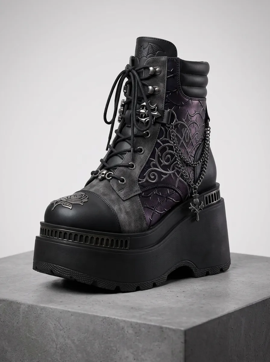 Witchy Skull Rose Chain Detail Women's Gothic Platform Boots
