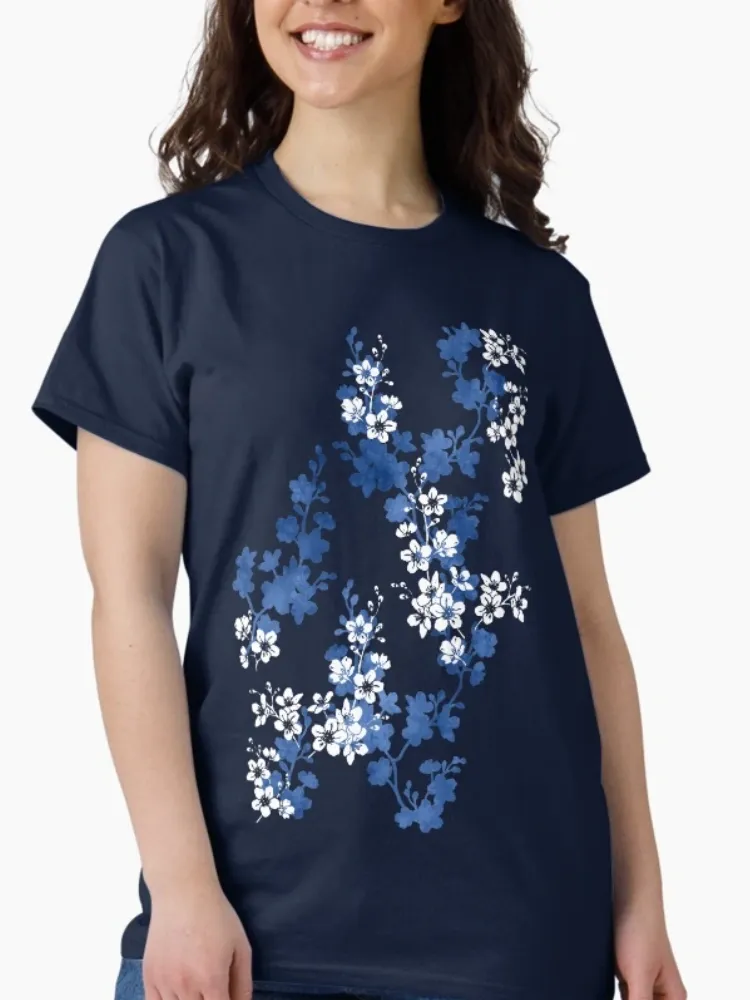 Women's Blue Floral Pattern Print Short-Sleeve Crew Neck T-Shirt