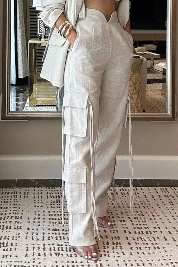 White Multi-Pocket Notched Lapel Pant Set