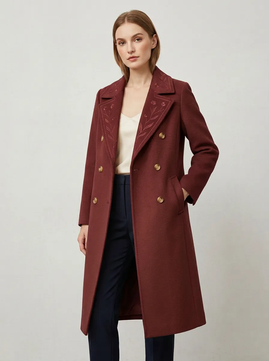 Women's Floral Embroidered Camel Pattern Coat