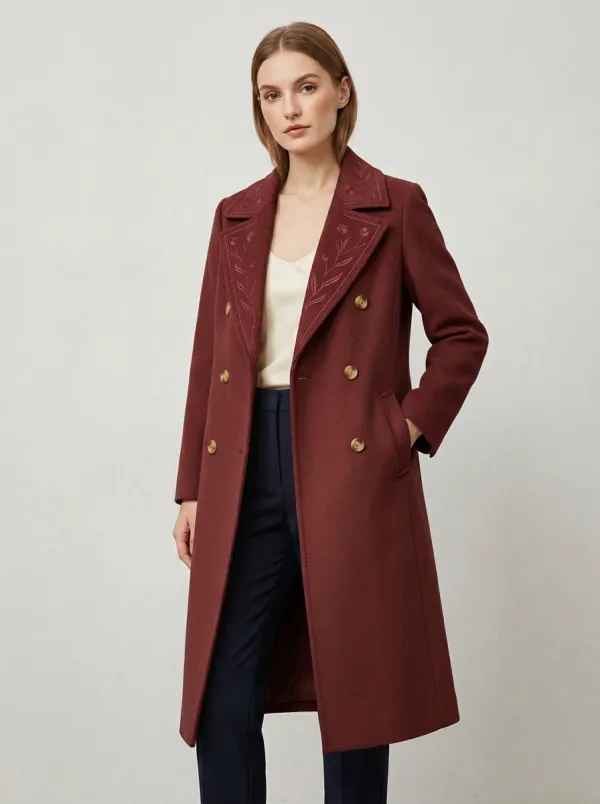 Women's Floral Embroidered Camel Pattern Coat