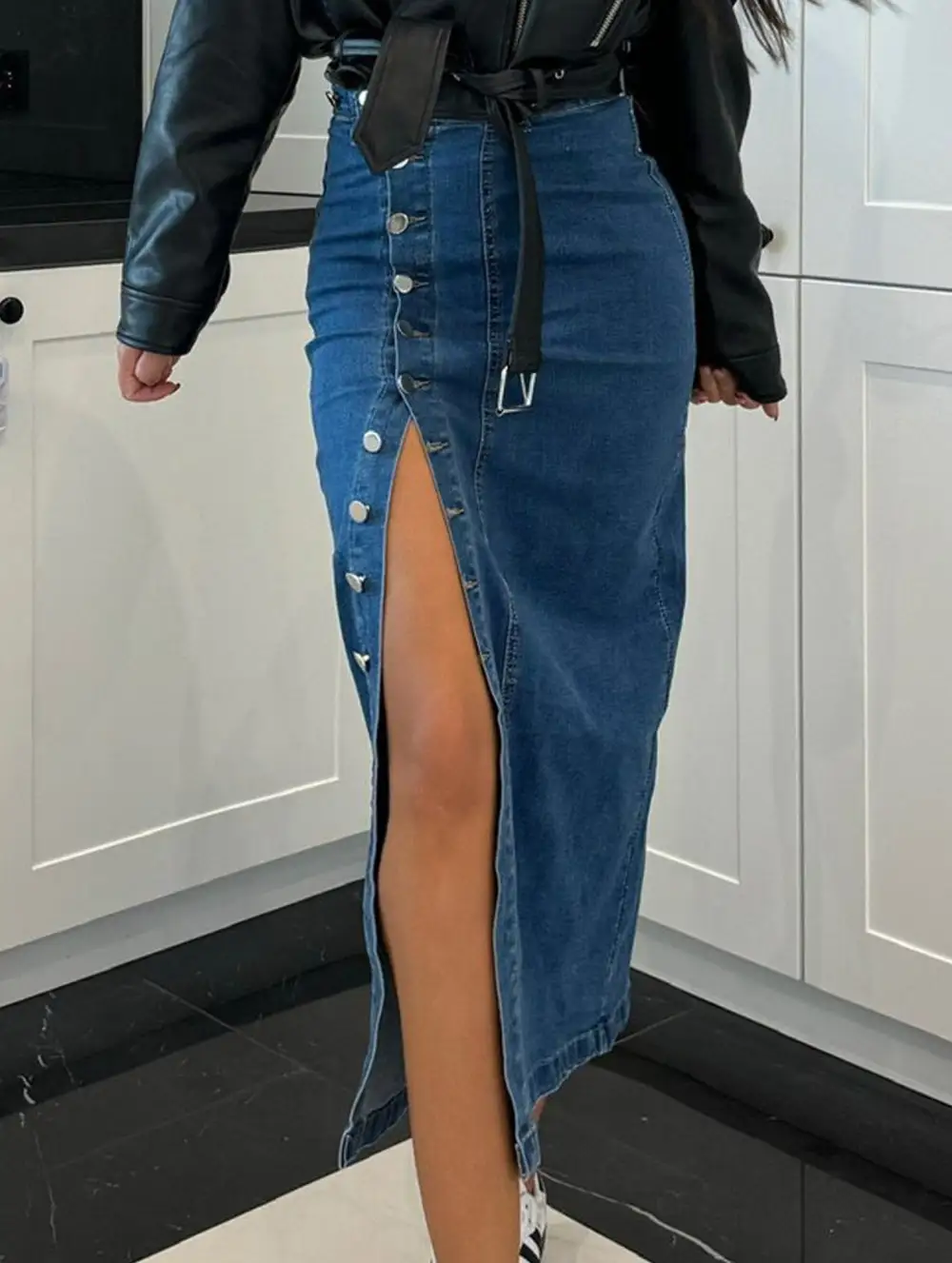 Denim Slit Midi Skirt