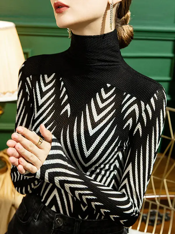 Long Sleeve Curve Fit Sheer Panel Detail High Neck Everyday T-Shirt