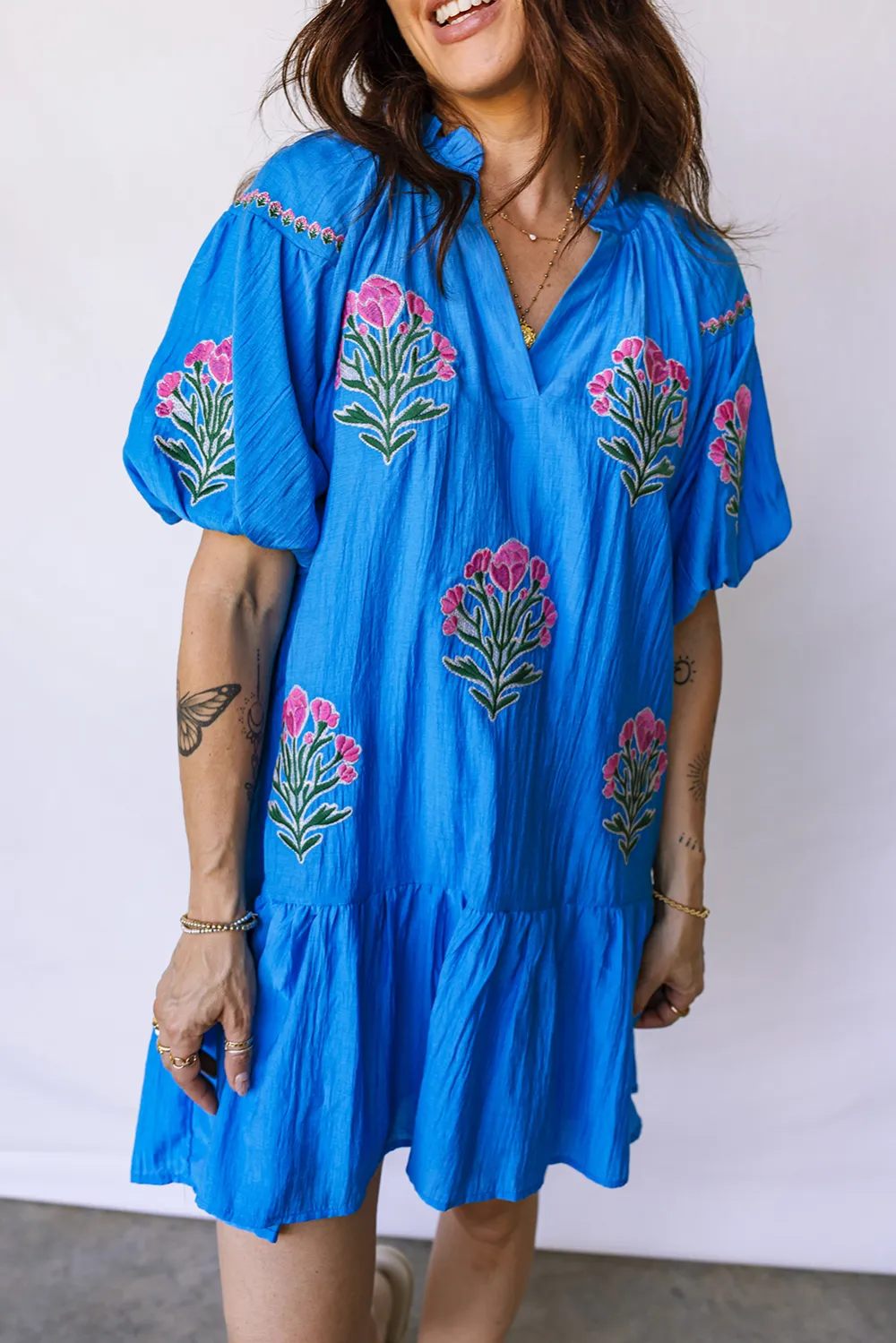 Blue Embroidered Ruffle Hem Dress