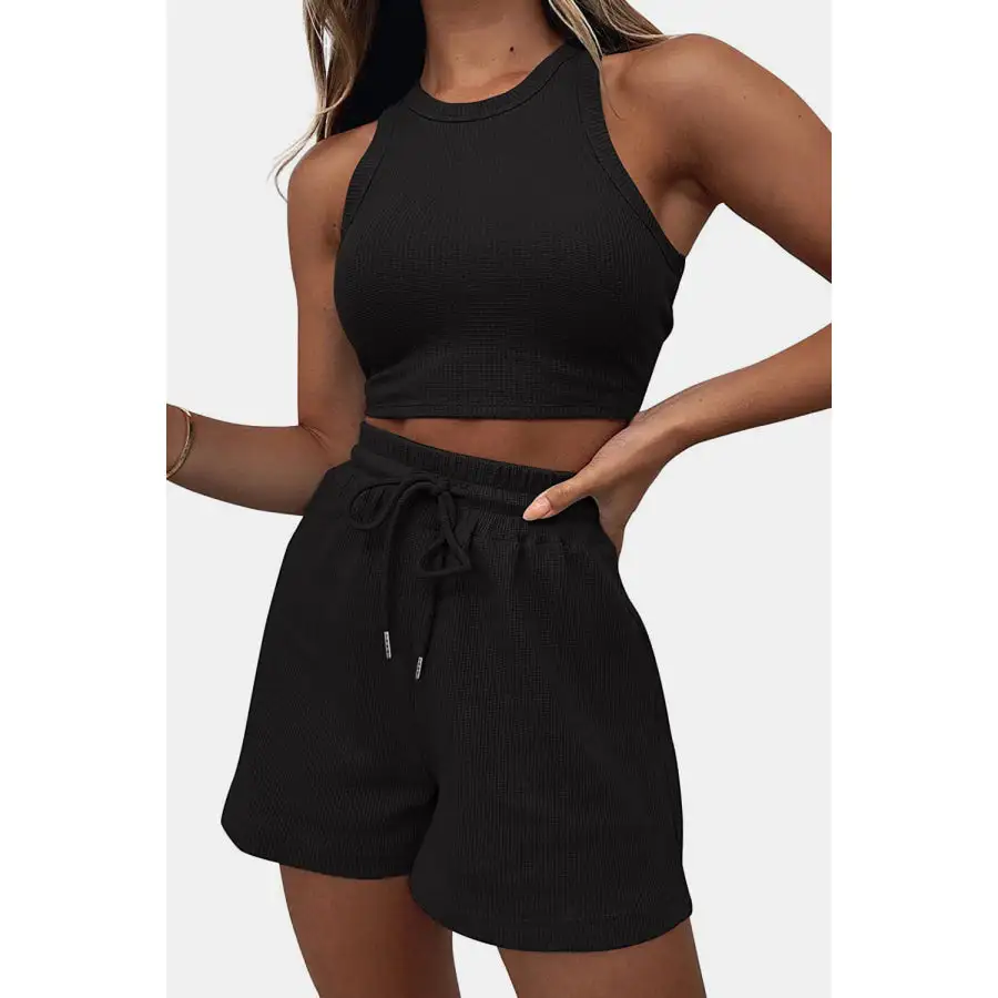 Relaxed Round Neck Top and Drawstring Shorts Set