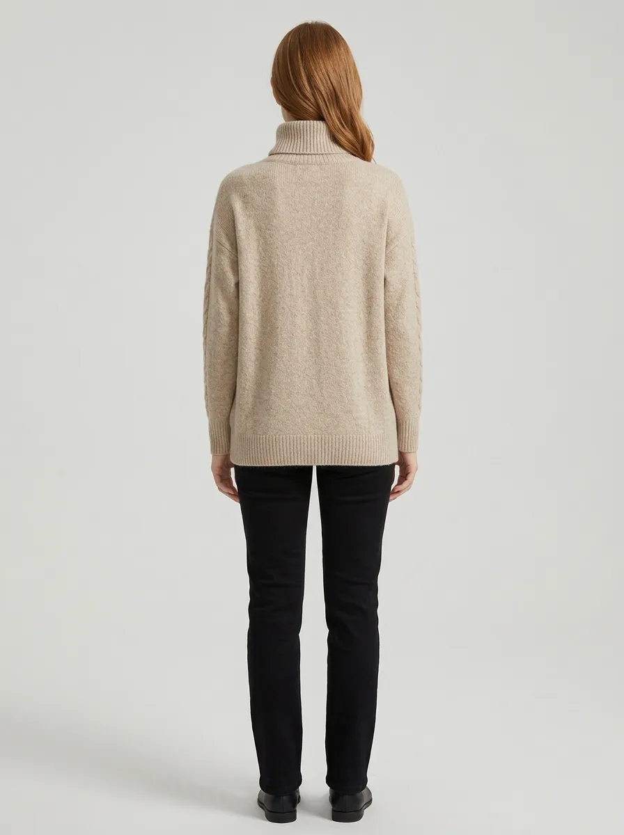 Women's Beige Cable Knit Patterned Turtleneck Sweater