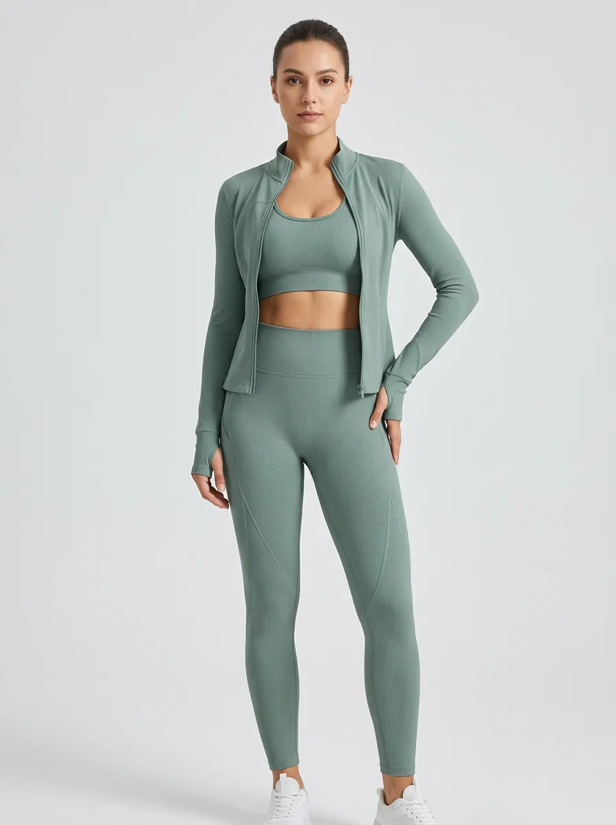 Performance-Inspired Ribbed Texture Seamless Design Edit Women's Three Piece Activewear Set