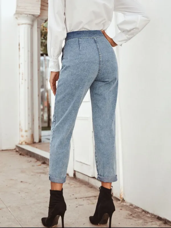 Washed Tie-Waist Pocketed Stretch Straight Leg Jeans