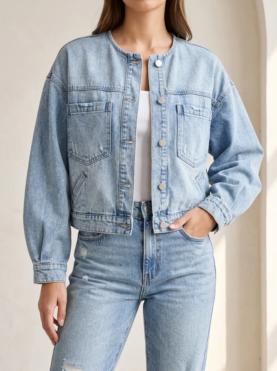 Women's Denim Jacket with Collarless Detail