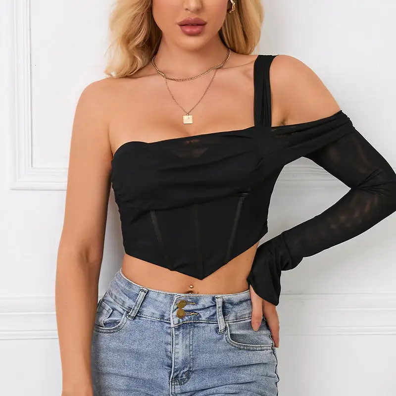 Women's Mesh Cropped One-Shoulder Tank Top