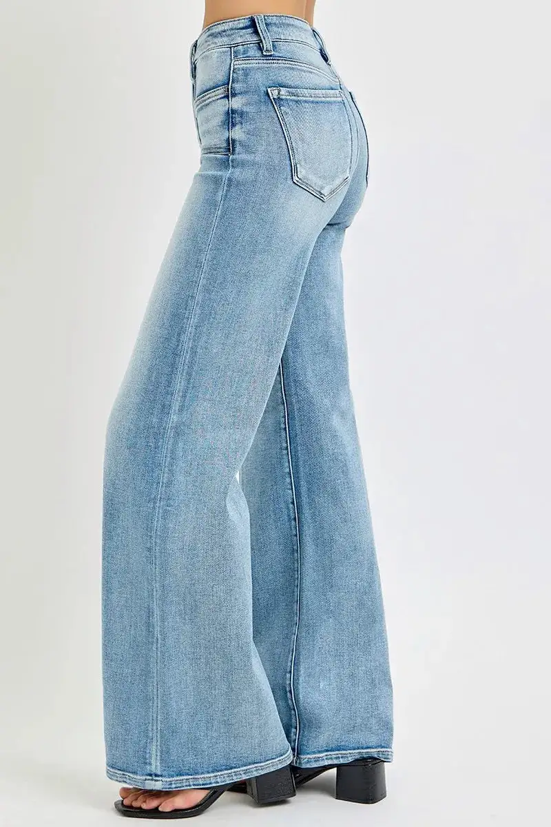 Casual Mid Rise Wide Leg Pocketed Denim Jeans