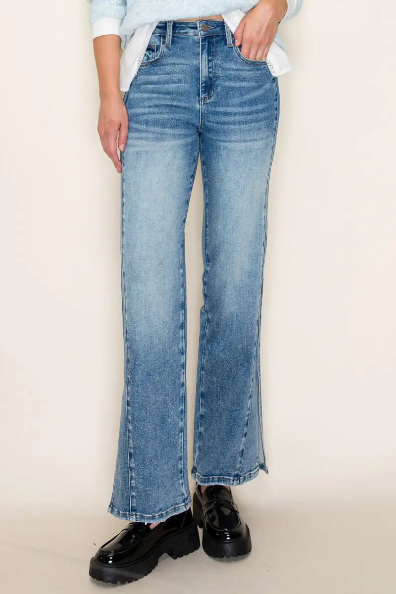 Women's High Rise Side Slit Side Panel Wide Leg Stretch Denim Jeans