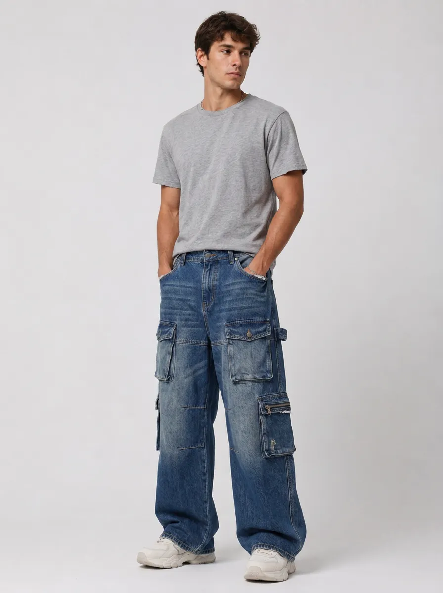 Men's Casual Streetwear Distressed Multi-Pocket Cargo Denim Jeans
