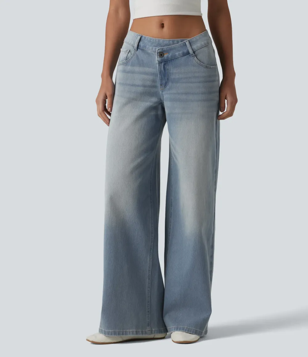 2026🔥  Low-rise wide-leg asymmetric jeans with button, zip, and multiple pockets; stretch knit fabric with a washed finish.