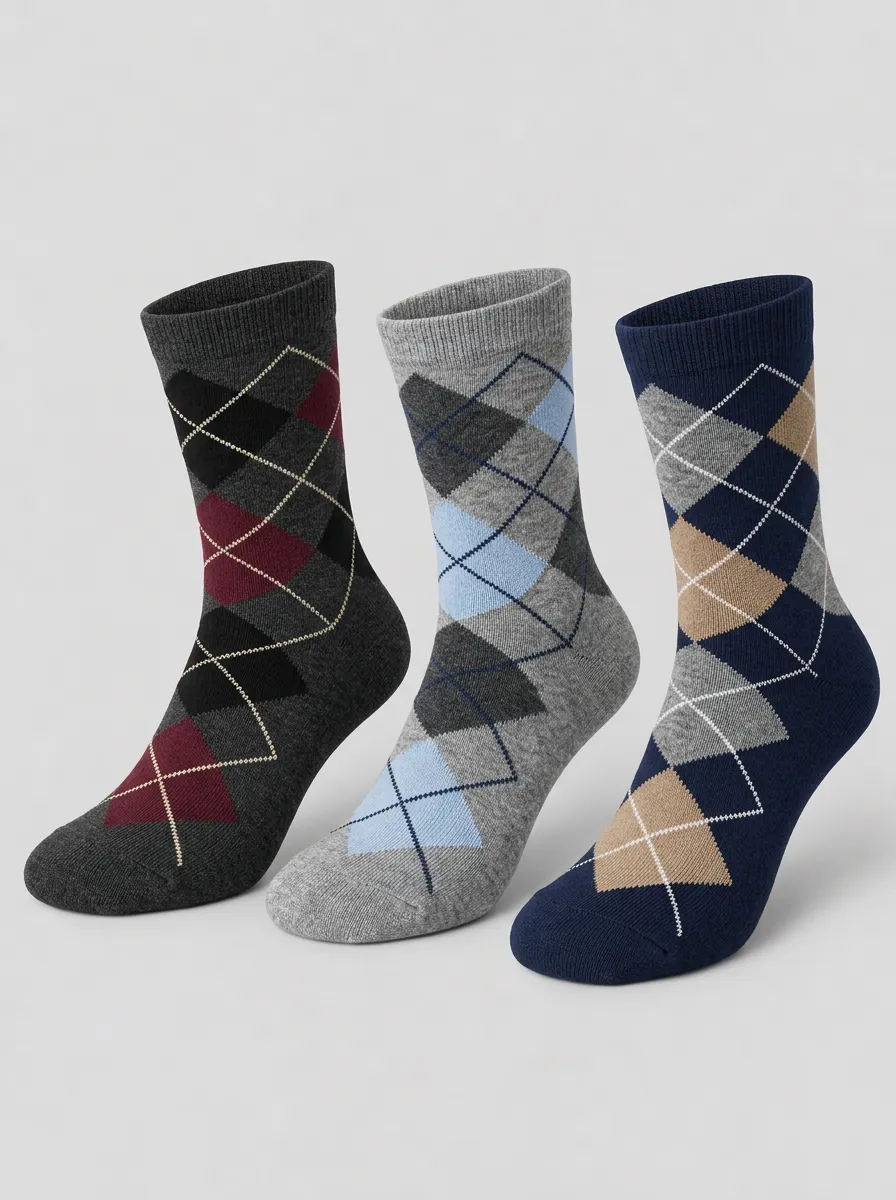 Men's Classic Multi-Color Argyle Ribbed Crew Socks 3-Pack