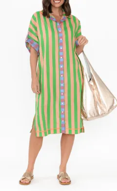 Knee-Length Striped Cotton Pocket Collared Half-Sleeve Straight-Cut Shirt Dress
